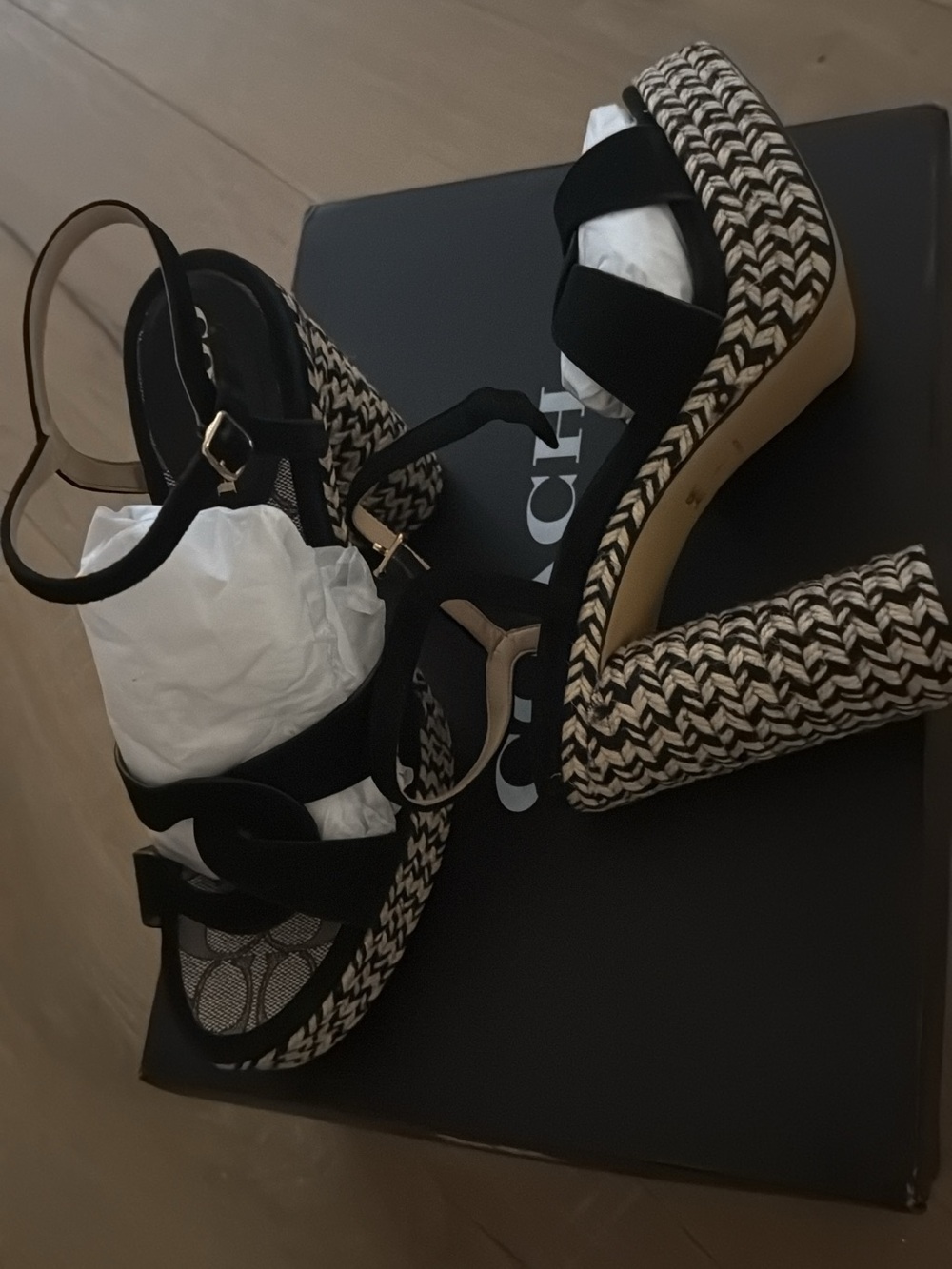 Coach Black and Tan Woven Platform Sandals